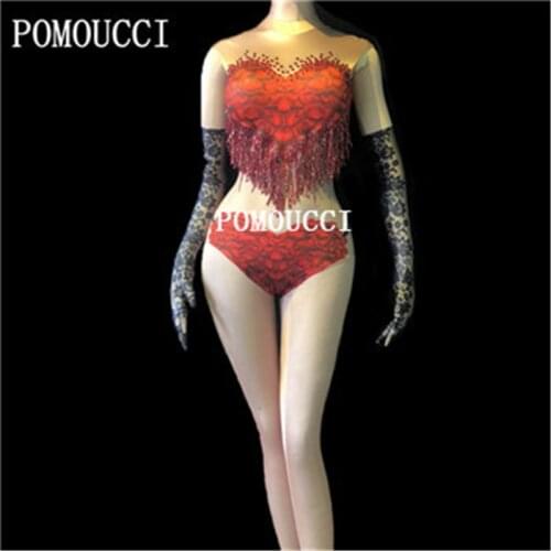 2020 Women New 3D Printing Red Rose Sexy Tassel Bodysuit Costume Prom Birthday Celebrate Dance Show Outfit Jumpsuit Costumes