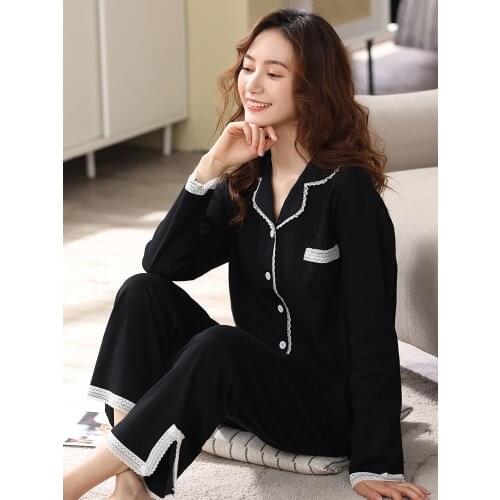 Spring 100% Cotton Pajama for Women PJ Full Sleeves Soild White Pijama Mujer Pure Cotton Sleepwear Lace Patchwork Pyjama Femme