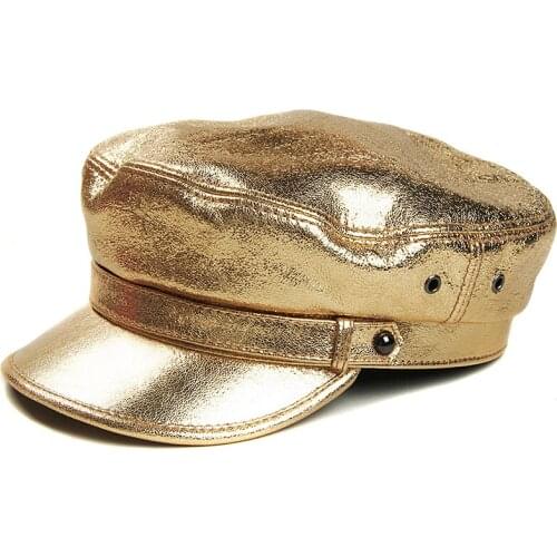 Gold Silver Leather Navy Hat Fashion Women Sheep Skin Color Flat Top Leather Hat/Caps