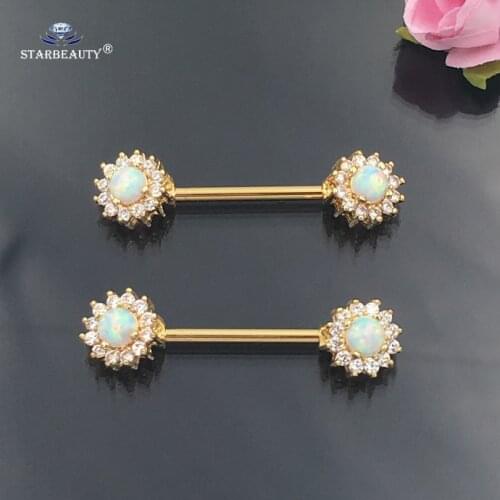 2 Pcs/lot 14G Luxury Natural Opal Nipple Ring Tongue Nipple Piercing Shield Rose Gold Color Stainless Steel Barbell Sexy Jewelry