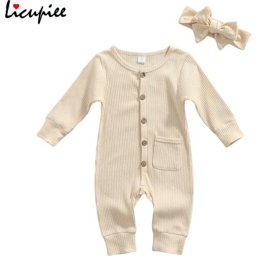 2pcs Sweet Style Baby Girls Outfit, Solid Color Single-breasted Long Sleeve Round Collar Romper with Pocket + Headwear Set