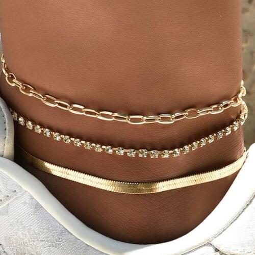 3 Pcs/Set Bohemian Snake Chain Anklets Fashion Rhinestone Chain Summer Beach Foot Chain Anklets Set Jewelry Accessories
