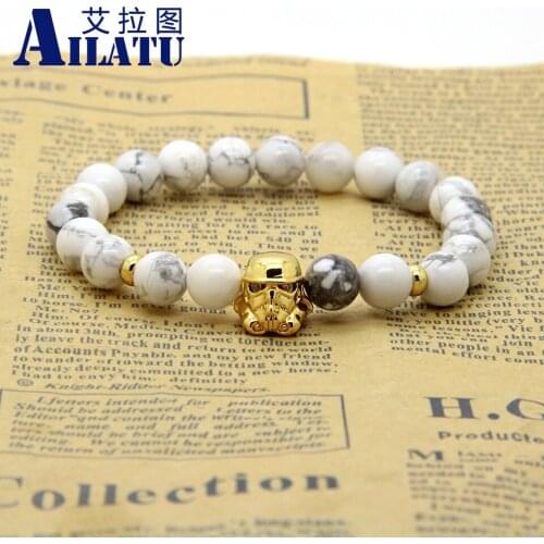 Ailatu Wholesale 10pcs/lot 8mm White Howlite Marble Stone with Cubic Zirconia Crown Darth Vade Bracelets for Men