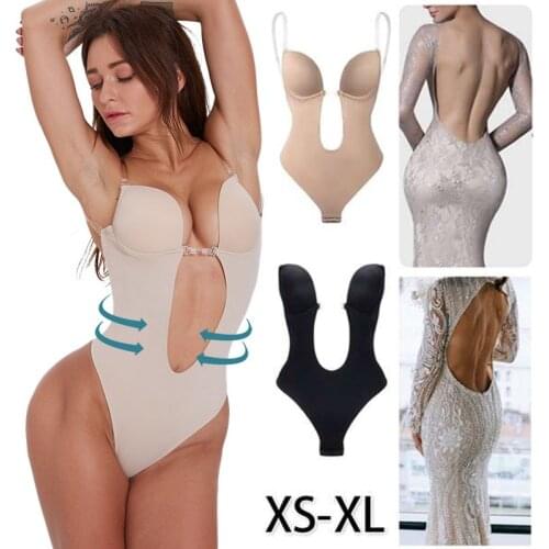 Bodysuit Shapewear Deep V-Neck Body Shaper Backless U Plunge Thong Shapers Waist Trainer Women Clear Strap Padded Push Up Corset