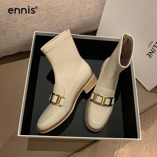 ENNIS Brand Womens Autumn Boots Round Toe Stretch Boots Loafers Low Heel Winter Shoes Black Ankle Boots Ladies Big Size 2021