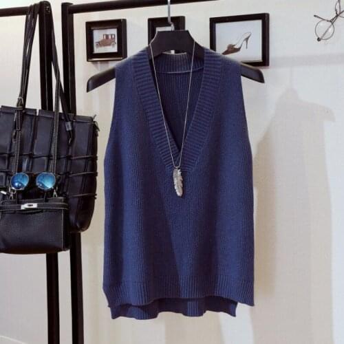 Women Sleeveless Sweater V-Neck Pullover Vest Autumn and Winter Warm Tops Navy Blue Pull Sans Manches Femme