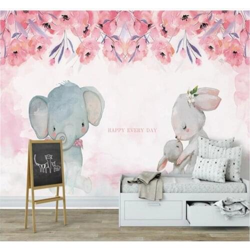 Custom wallpaper pink baby elephant rabbit childrens room background wall-high-grade waterproof material