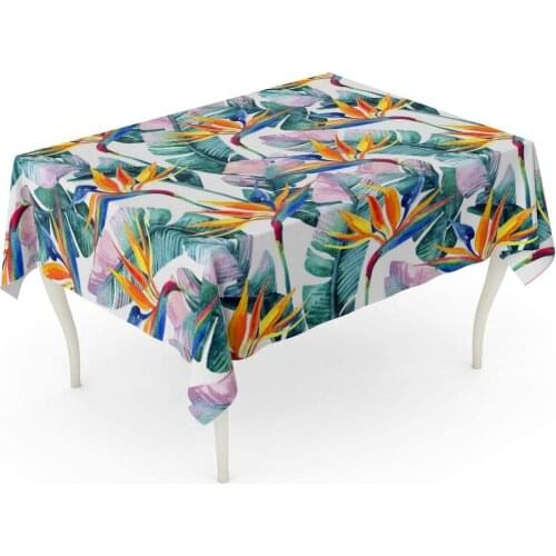 Colorful Summer Watercolor Tropical Bird of Paradise Flower Exotic Leaves on Hand Natural Abstract Banana Table Cloth