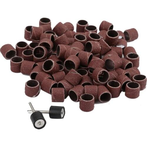 100Pcs 12.5mm Grit 80# Sanding Bands +2Pcs 3.17mm Sand Drum Mandrel Dremel Accessories Rotary Tool Nail Drill Bits Metal Craft