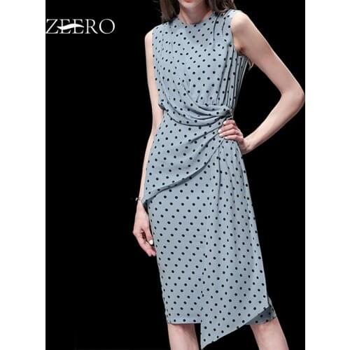 Summer Women Chiffon O-Neck Wave Point Sleeveless Irregular Slim Dress Female Elegant Backless Zipper Blue Party Dress Korean