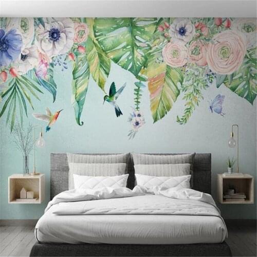 Milofi custom non-woven wallpaper Nordic small fresh literary hand-painted tropical plants flowers background wallpaper mural