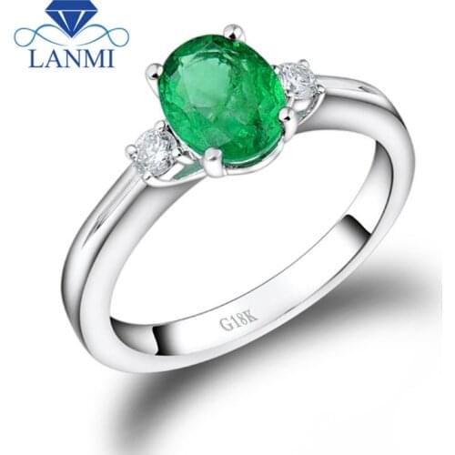 Natural Oval 6x8mm Emerald And Diamond Engagement Ring, Solid 18K White Gold Natural Emerald RIngs For Women WU220