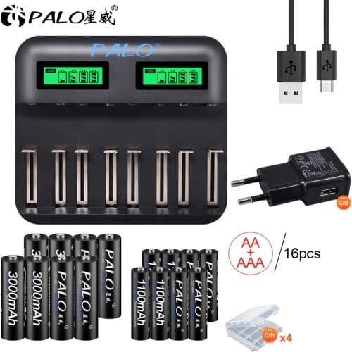 PALO LCD display Smart USB battery Charger for AA AAA C D Size Rechargeable Battery+1.2V Ni-MH AA AAA rechargeable batteries
