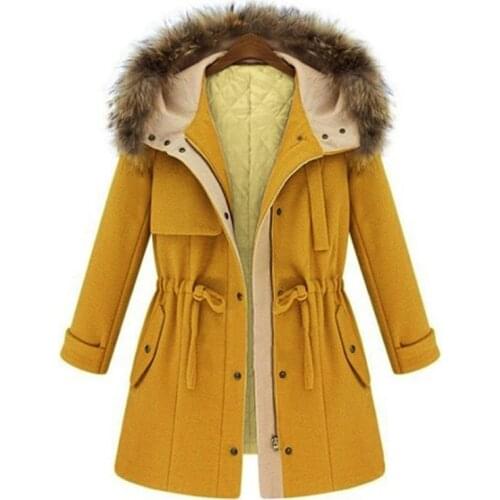 Savabien Women Coats Winter Thick Warm Drawstring Zipper Wool Coat Hooded Loose Casual Elegant Woolen Coat Yellow Streetwear
