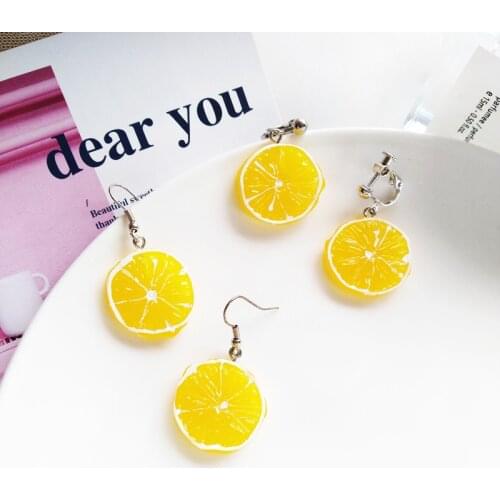 Food Dessert Acrylic Orange Funny Clip earring without Piercing Resin Round Yellow Lemon slices Clip on earrings