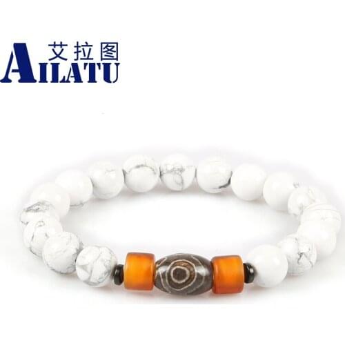 Ailatu Religious Jewelry 10mm White Howlite Stone Beads with Dzi Eye Stone Bead Charm Bracelets