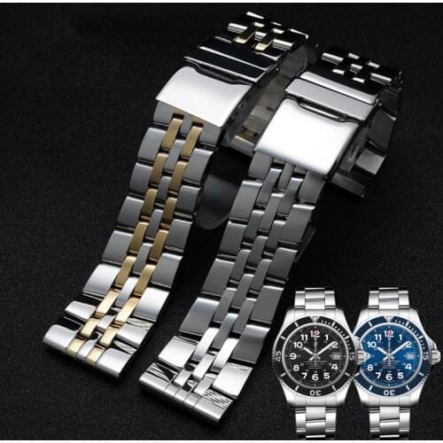 22mm 24mm Silver Gold Stainless Steel Watchband For Breitling Watch Strap Belt Solid Brand Flat End Navitimer Avenger Bracelet