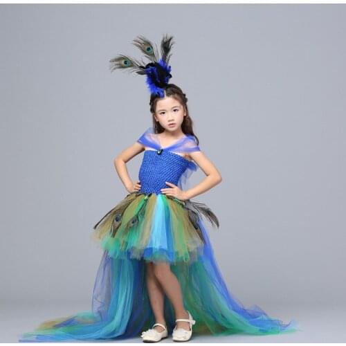 POSH DREAM Peacock Dress with Train Tulle For Kids Girls Peacock Feather Toddler Baby Girls Party Clothes for Birthday Photograp