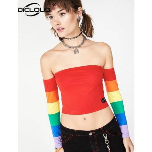 Chic Rainbow Striped Women Long Sleeve T Shirt Harajuku Fashion Girls Slim Fit Summer Crop Tops Sexy Off Shoulder Tshirt Femme