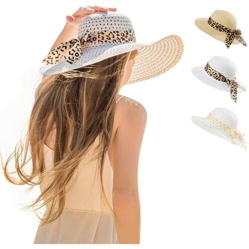 Simple Wide Brim Floppy Girls Straw Hat Leopard Ribbon Lace Up Bowknot Weave Summer Outdoor Beach Hat UV Protect Travel Caps