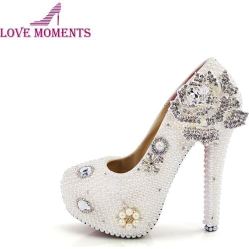 White Pearl Wedding Shoes Silver Flower High Heel Performance Shoes Beautiful Bridal Dress Shoes Plus Size 45 Bridesmaid Shoes