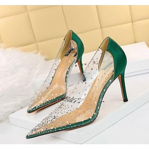 BIGTREE Luxury Women Transparent Glitter 8.5cm High Heels Pumps Designer Bling Crystal Gold Heels Lady Wedding Bridal Party Shoe
