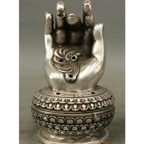 Decoration Tibet copper silver Chinese Tibetan Buddhism Silver Buddha Hand Lotus Statue Incense Burner Censer