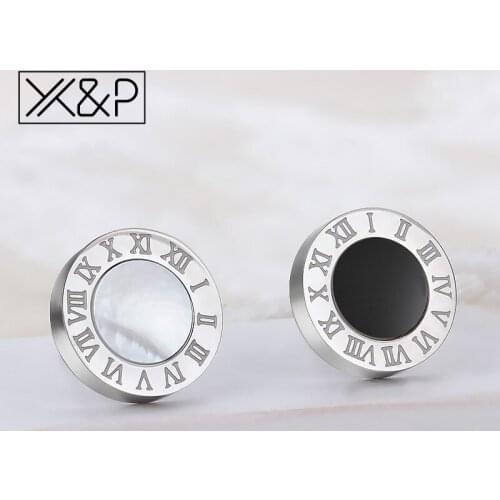 X&P Vintage Korean Anti-allergic Round Stainless Steel Stud Earrings for Women Fashion Roman Digital Style Earring Jewelry Gift