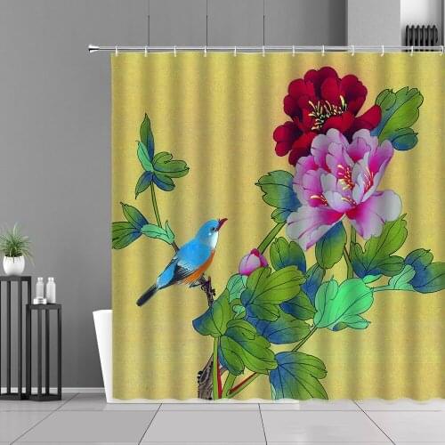 Chinese Style Shower Curtain Flower Bird Plant Green Leaves Fish Peacocks Floral Fabric Print Home Decor Bathroom Curtains Hooks