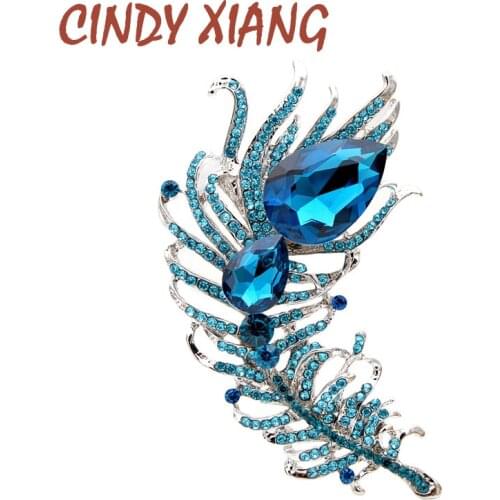 CINDY XIANG large crystal feather brooches for women lake blue color coat brooch pin wedding jewelry party accessories gift