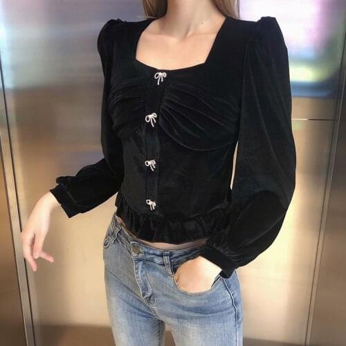 Womens Retro Square Neck Bow Tie Brooch Lantern Sleeve Shirt Western Style Thin Black Velvet Short Top