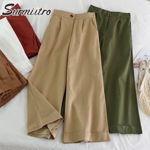 SURMIITRO Korean Style Wide Leg Ankle Pants Women 2021 Spring Summer Black Green Khaki Female Pants High Waist Trousers Femme