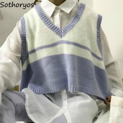Sweater Vest Women Autumn Striped Patchwork Knitted Preppy-style Vintage V-neck Baggy Sleeveless All-match Korean-style Ulzzang