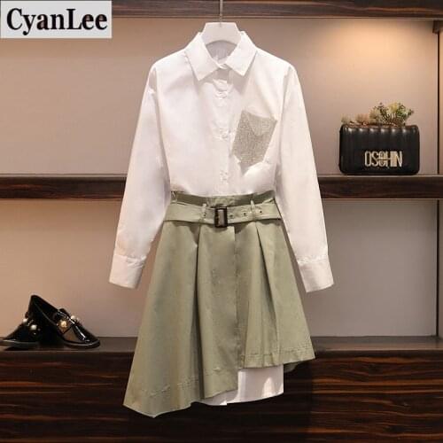 Plus Size Women 2 Piece Set Autumn 2020 Fashion Long Sleeve Loose Casual White Long Shirt Dresses And One Piece Dress L-4XL