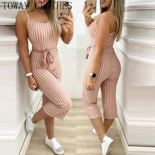 Women U-Neck Spaghetti Strap Striped Colorblock Cropped Jumpsuit With Belt
