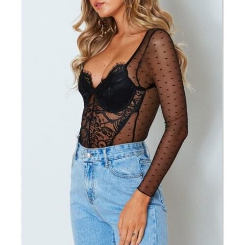 Ladies Long Sleeve Sexy Women Mesh Sheer Lace Bodysuit Top Catsuit Clubwear Womens Clothes Summer 2019