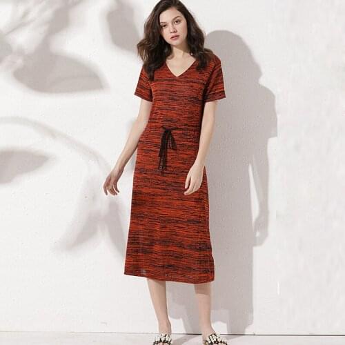 100% Silk Dress Women Simple Design Stretch Knitted Fabric V Neck Short Sleeves Elasticated Waist 3 Colors Casual Long Dress