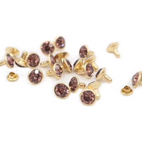 100Sets 8mm Light Amethyst Crystal Rhinestone Rivets Golden Metal Base Studs For Clothing Bag Leathercraft Rivet