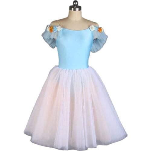 Off Shoulder Ballerina Tutu Women Ballet Romantic Tutu Girls Ballet Tutu Costume for Girls Blue Spandex Leotard Dress 21079