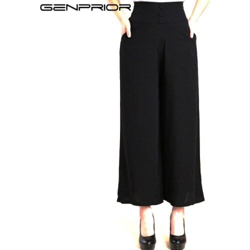 GENPRIOR Women Cotton Linen Casual Loose Trousers Summer Solid Broad Leg Lady Wide Leg Elastic Waist Plus Size Female Pants