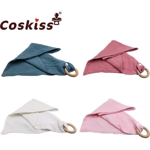 Coskiss 1pc Wooden Teether Baby Cotton Bibs Soft Baby Feeding Care Beech Wood Ring Toys Bib For New Born Sensory Toy