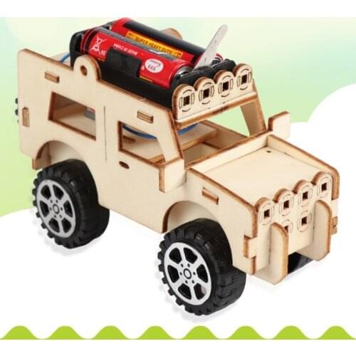 Wooden Electric Car Model Blocks DIY Kids Assembling Toy Science Experiment Kit F3ME