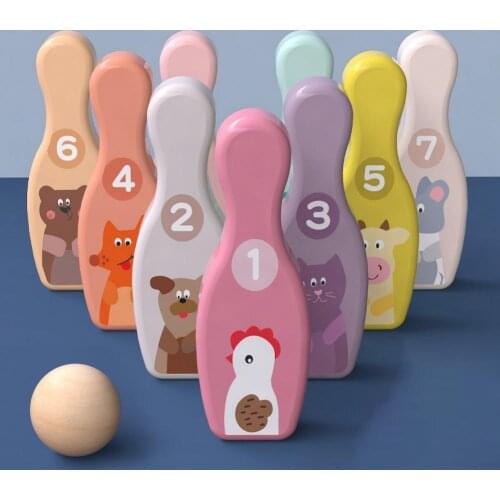 Kids Wooden Cute Cartoon Animal Bowling Pins Balls Sport Toy Indoor Garden Interactive Game