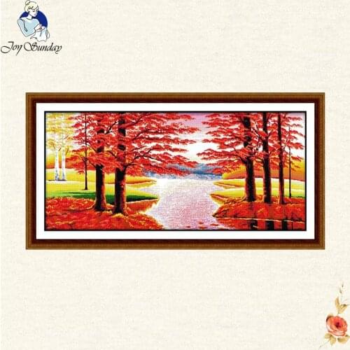 Joy Sunday Maple leaf river trees 11CT 14CT Cross Stitch Set Scenery Needlework,DMC Cross stitch, for Embroidery kits Street DIY