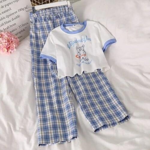 Sweet Girls Clothing Sets 2021 Summer Girls Clothes Cartoon Bear T-shirt Tops Plaid Wide Leg Pants Kids Children Clothing Sets