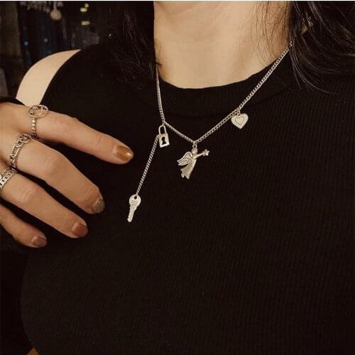 Fashion Jewelry Necklace Statement Necklace Open Heart Lock Vintage Star Picking Angel Lock Key Peach Heart Necklace Women