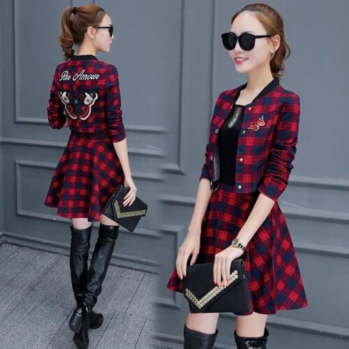 Spring and Autumn Winter new fashion ladies temperament skirt long sleeve plaid dress (3 colors optional)