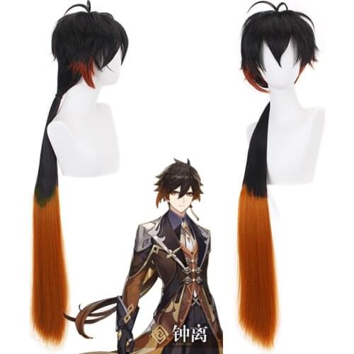 Genshin Impact Zhongli Cosplay 90cm Long Christmas Brown Orange Wig Cosplay Anime Wigs Heat Resistant Synthetic Wigs Halloween