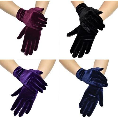 Women Short Velvet Full Finger Gloves Shiny Solid Color Gown Opera Wedding Banquet Dress Party Wrist Length Mittens