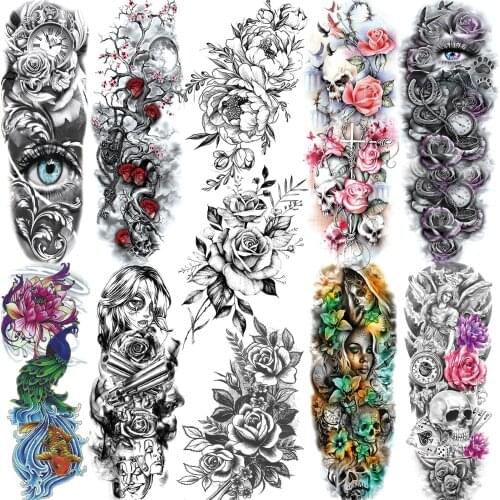 Sexy Flower Temporary Tattoos Sleeve For Women Girls Covers Up Long Size Tattoos Realistic Full Arm Skull Rose Nus Tatoo Drawing